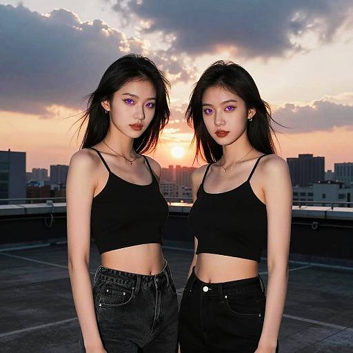 Confident Girls with Purple Eyes at Sunset