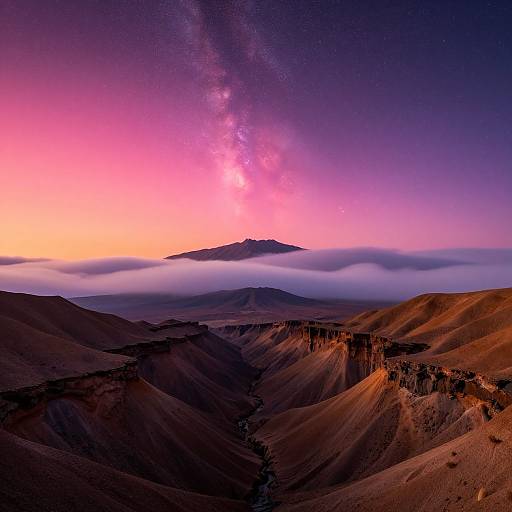 Photograph of a vivid desert landscape at sunset, with purple and pink sky, Milky Way visible, mountains and valleys in shadow, misty clouds below