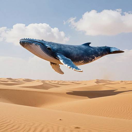 Photograph of a massive blue whale soaring above golden desert dunes under a bright blue sky with white clouds.