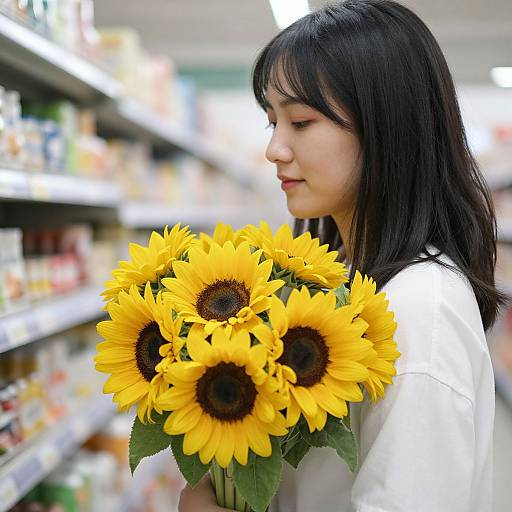 Woman Holding Supermarket Sunflowers