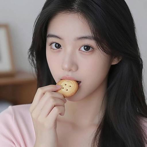 Close-Up of Young Asian Woman Eating