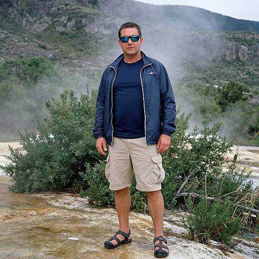 Photograph of a man with short dark hair, wearing blue sunglasses, black shirt, jacket, beige shorts, and sandals, standing in a misty