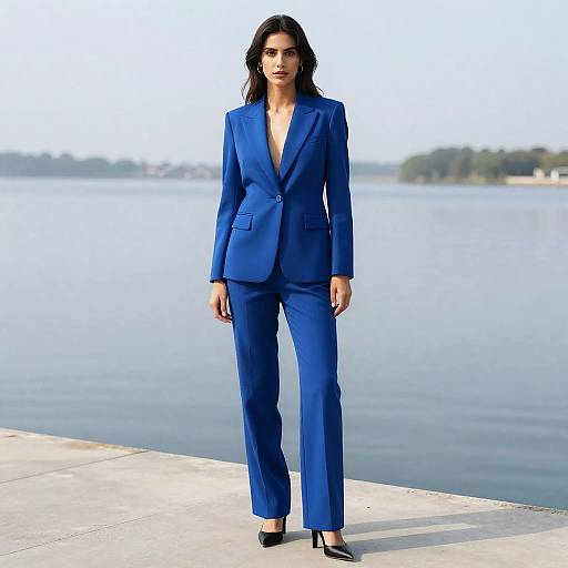 Woman in Blue Trouser Suit by Water