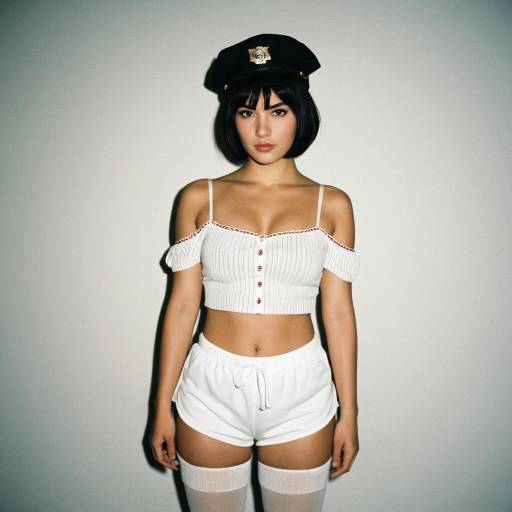 Young Woman in Police Hat and White Outfit