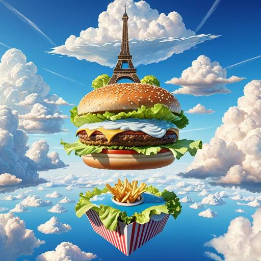 Floating Burger Island with Eiffel Tower
