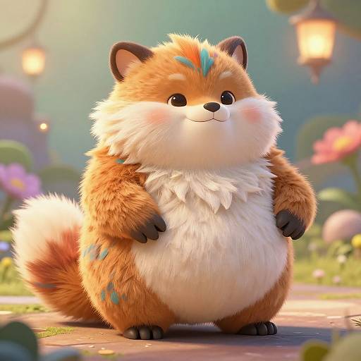 Digital illustration of a chubby, fluffy, orange and white fox-like creature with blue markings, standing in a whimsical, flower-filled garden.