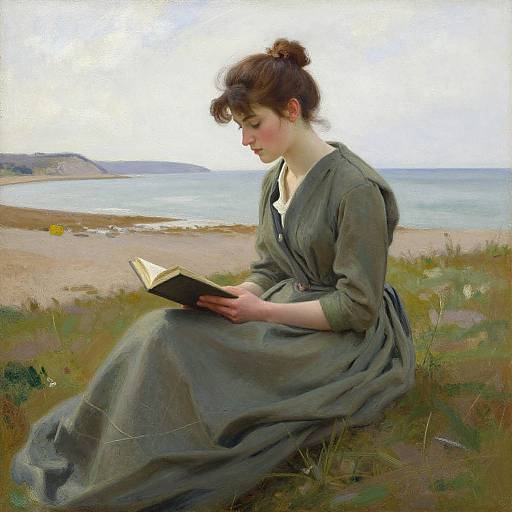 Photograph-style painting of a fair-skinned woman with brown hair in a bun, wearing a loose, olive-green dress, sitting on a grassy