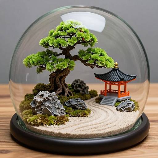 Photograph of a glass snow globe with a bonsai tree, red pagoda, rocks, sand, and moss on a wooden surface.