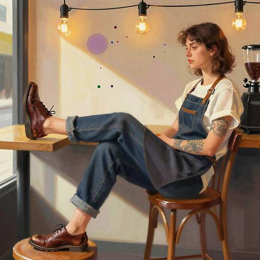 Sunlit Café Barista with Tattooed Sleeves