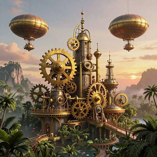 Steampunk Island with Brass Machinery