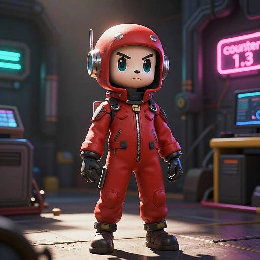 CGI image of a determined, blue-eyed, cartoon character in a red astronaut suit with a helmet, standing in a neon-lit, futuristic alley