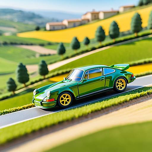 Miniature Green Porsche 911 on Countryside Road