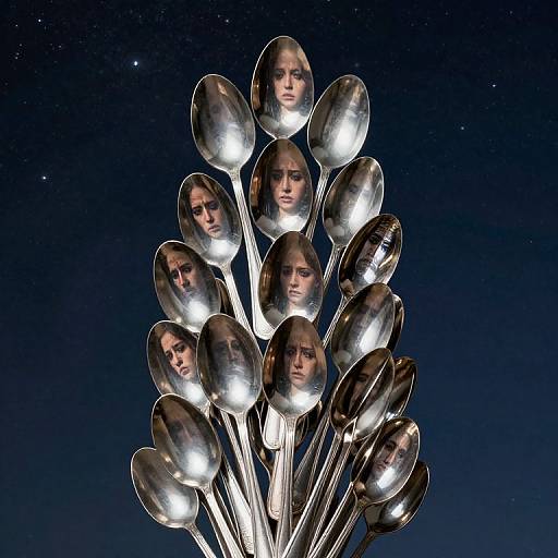 Photograph of a starry night sky featuring a tree-like sculpture of 12 reflective silver spoons, each spoon containing a serious-faced woman's portrait