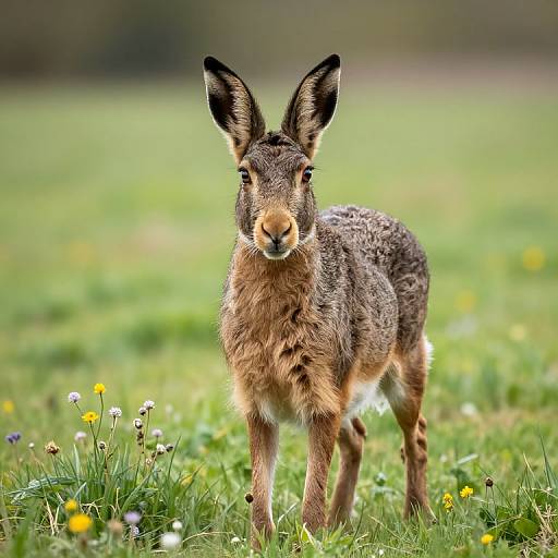 Photograph of a brown, spotted hare standing in a lush, green field with scattered yellow and white wildflowers, looking directly at the camera.