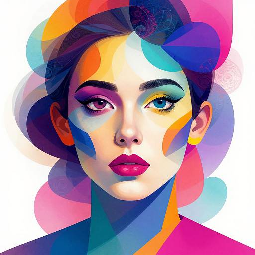 Digital portrait of a woman with colorful abstract patterns overlaying her face, featuring vibrant pink lips, mismatched eyes, and multicolored hair. Bold