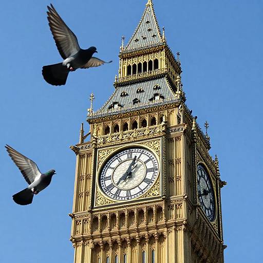 Photograph of Big Ben clock tower with two pigeons flying in clear blue sky, highlighting the golden, ornate architecture.