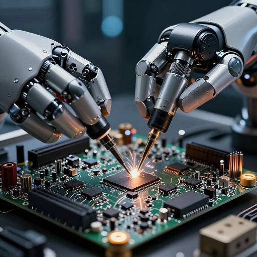 Photograph of two robotic hands with silver and black joints drilling a green circuit board, creating a bright spark at the center.