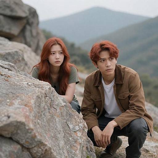 Two People Crouching Behind Rocks in Mountains