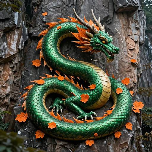 Photorealistic digital art of a green, dragon with orange spines and scales, coiled on a rocky cliff adorned with orange flowers.