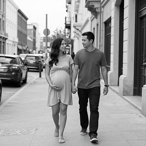 Black-and-white photograph of a pregnant woman in a light dress and a man in a dark t-shirt holding hands, walking down a narrow urban street with