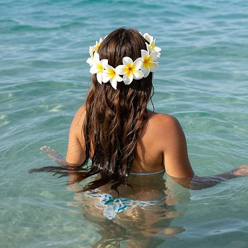 Photograph of a woman with long, wet, dark hair and a white plumeria flower crown, seen from behind, swimming in clear blue ocean