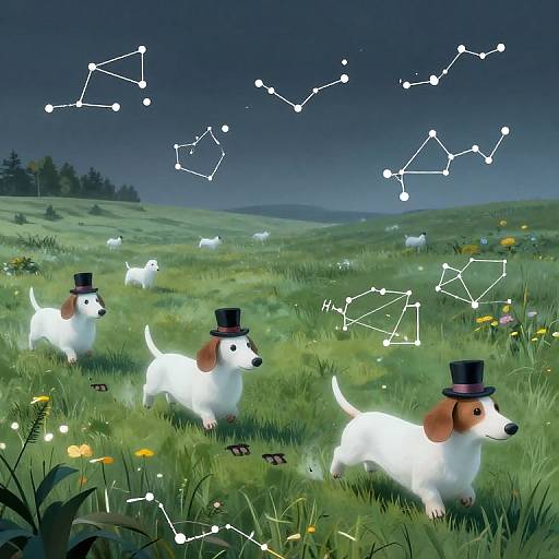 Digital artwork of three white, brown-eared puppies wearing black top hats in a luminous, starry meadow with constellations, grass,