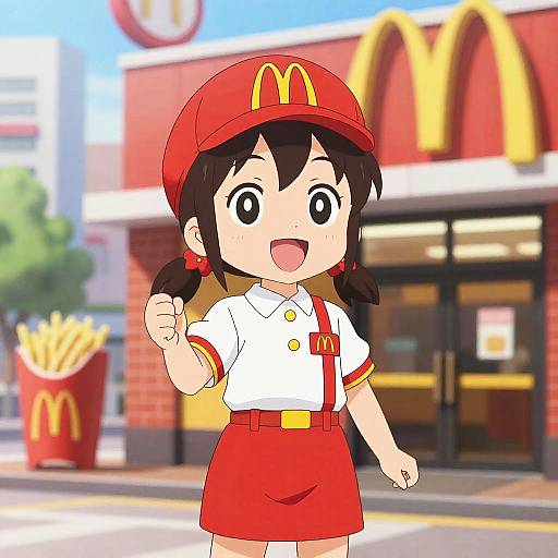 Digital anime-style drawing of a cheerful young girl in a red McDonald's uniform, hat, and skirt, standing in front of a McDonald's restaurant with