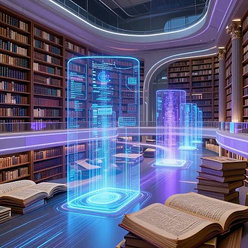 Photorealistic digital artwork of a futuristic library with glowing blue holographic book cylinders amidst wooden bookshelves and open books.