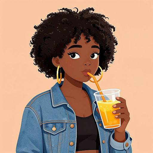 Digital illustration of a dark-skinned woman with curly black hair, wearing a blue denim jacket and gold hoop earrings, sipping an orange drink with a