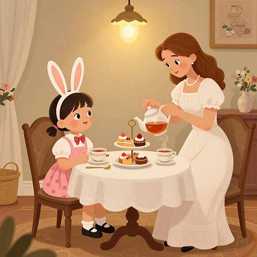 Digital illustration of a brown-haired woman in a white dress pouring tea for a girl with bunny ears, pink dress, and black shoes at a cozy,