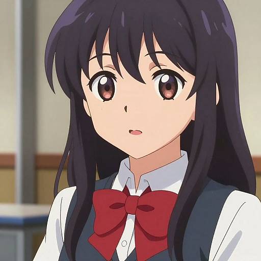 Anime-style digital drawing of a young girl with long black hair, brown eyes, wearing a white shirt, dark blue vest, and red bow tie.