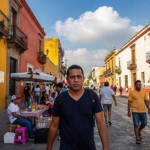Photograph of a street scene in a colorful, sunlit town with a muscular, short-haired man in a black shirt walking in the foreground, surrounded