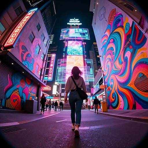 Photograph of a person with shoulder-length hair, back view, walking down a neon-lit, colorful street at night with vibrant graffiti and illuminated signs