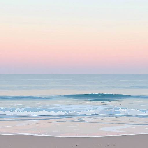 Digital painting of a serene beach at sunset, featuring gentle waves, pastel pink and blue gradient sky, and sandy shoreline.