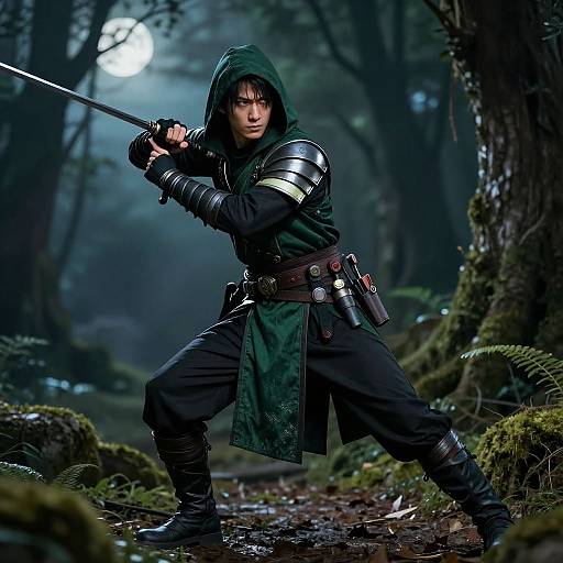 Photorealistic digital artwork of a hooded, armored archer in a dark forest, moonlight illuminating his focused, ready stance.