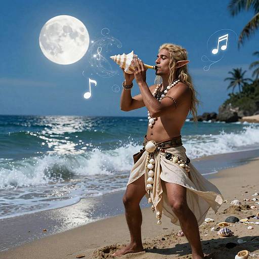 5e Sea Elf Bard on Moonlit Beach