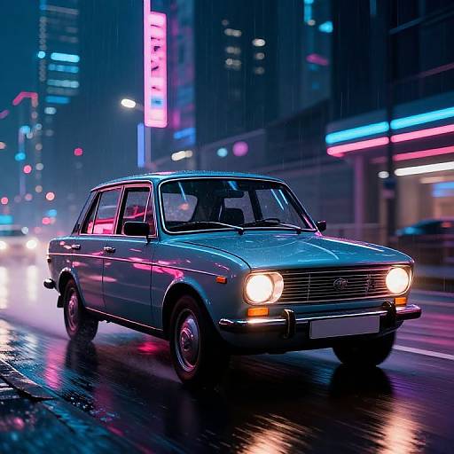 Retro Moskvich Car in Cyberpunk City at Night