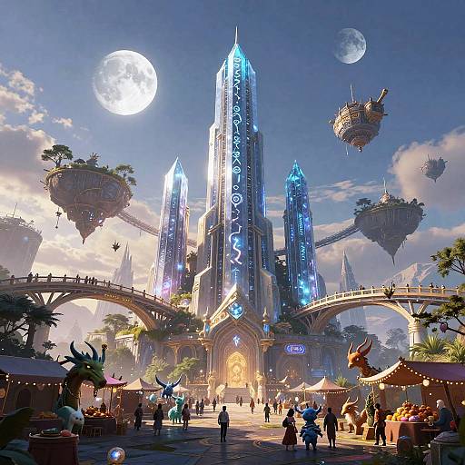 Fantasy market scene under glowing blue skyscrapers with floating islands, illuminated by full moon; bustling with colorful stalls and diverse characters. Digital art,