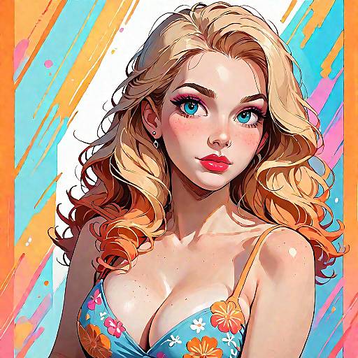 Digital Illustration of Blonde Woman in Colorful Dress