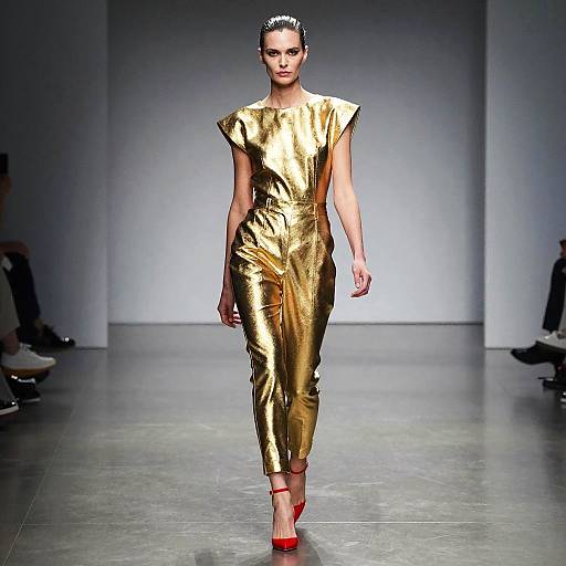 Confident Female Model in Metallic Gold Jumpsuit