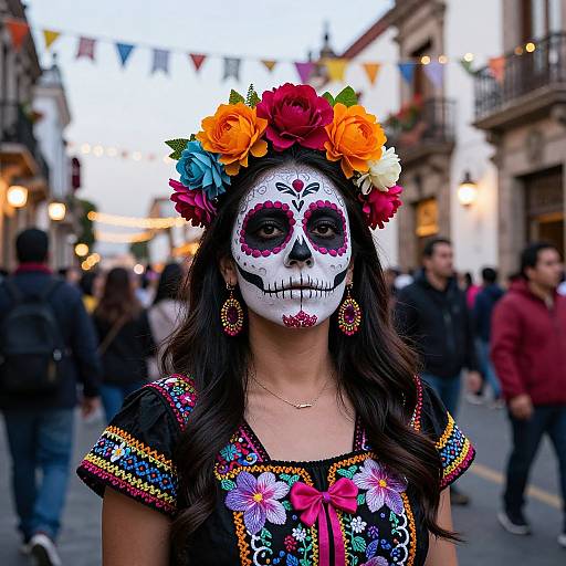 Photograph of a woman in Day of the Dead makeup, floral headpiece, colorful embroidered dress, standing in a bustling street festival.