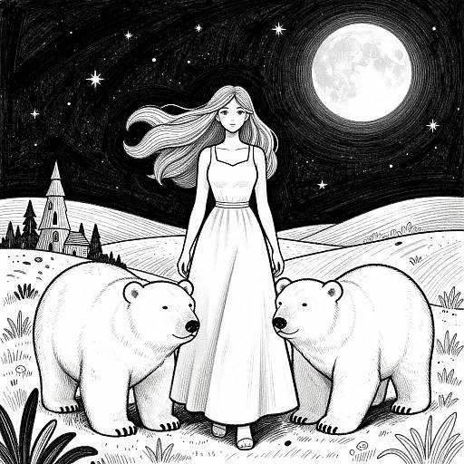 Black-and-white illustration of a woman in a flowing dress walking between two bears under a full moon in a starry night sky with a castle in the