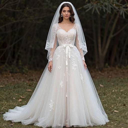 Photograph of a beautiful bride in a white lace wedding dress with long sleeves, veil, and floral patterns, standing outdoors on grass.