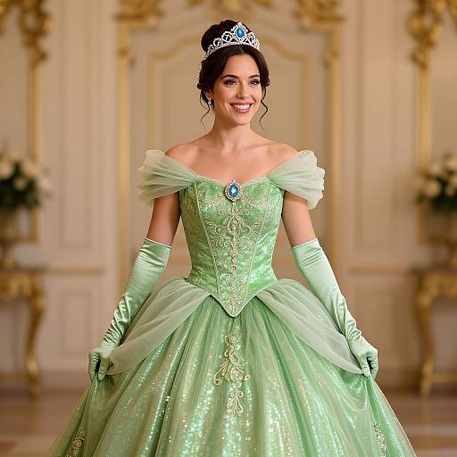 Photorealistic digital image of a smiling woman in an ornate, light green, off-shoulder ball gown with matching gloves, tiara,