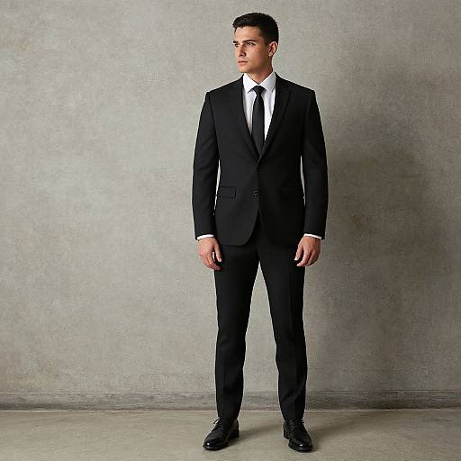 Photograph of a tall, serious-looking man in a black suit, white shirt, and black tie, standing against a gray textured wall.