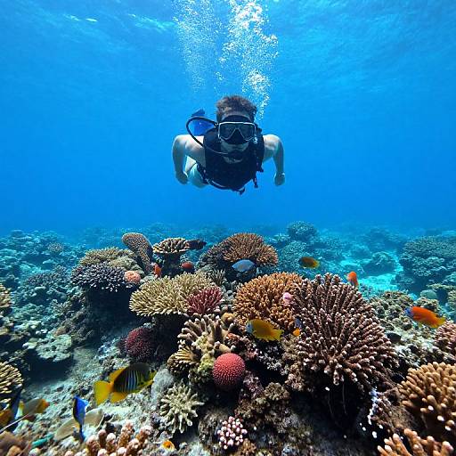 Photograph of a scuba diver in blue ocean, surrounded by vibrant coral reefs and colorful fish, viewed from below.