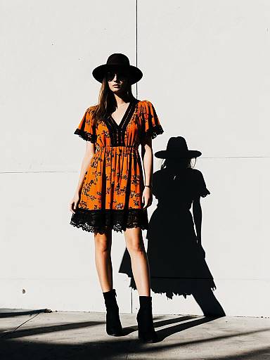 Woman in Orange Floral Bohemian Dress and Black Hat