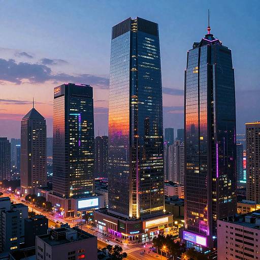 Photograph of a vibrant city skyline at dusk, featuring tall, illuminated skyscrapers with reflective glass, colorful sunset sky, and bustling street lights below