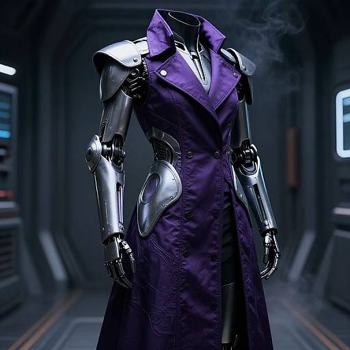 CGI image of a cybernetic humanoid with shiny metallic arms and shoulders, wearing a dark purple trench coat, in a futuristic, dimly lit