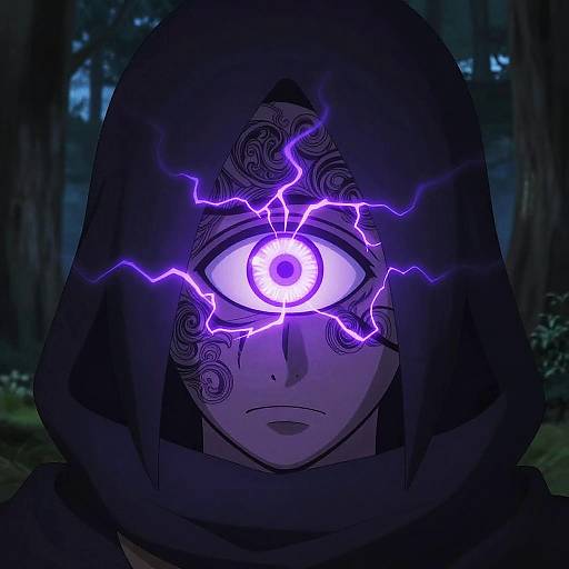 Digital anime-style drawing of a mysterious figure with a glowing, purple-electricity-encircled eye, wearing a dark hooded cloak in a